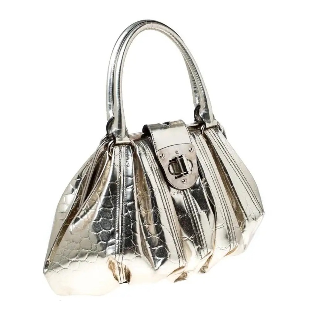 Alexander McQueen Metallic Croc Embossed Patent Leather Elvie Satchel Bag